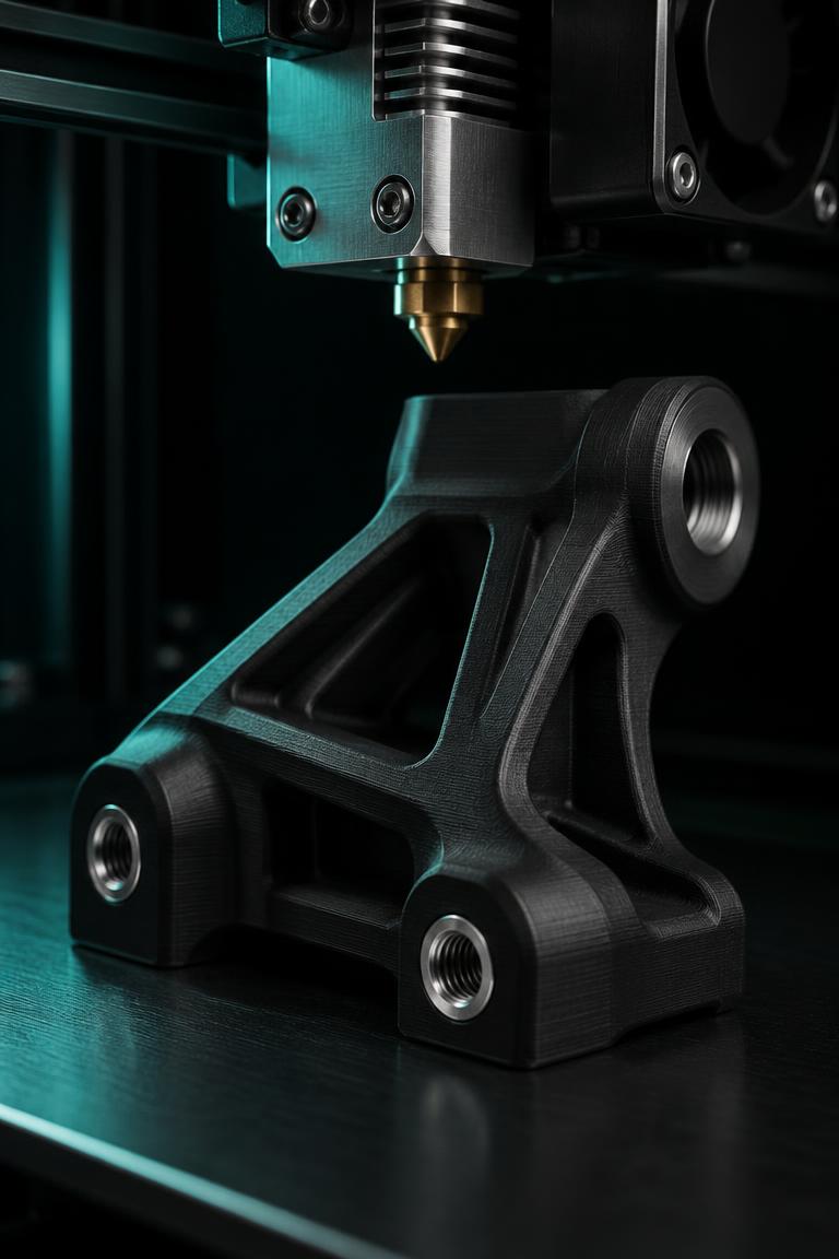 Precision hotend above a finished matte black printed automotive bracket
