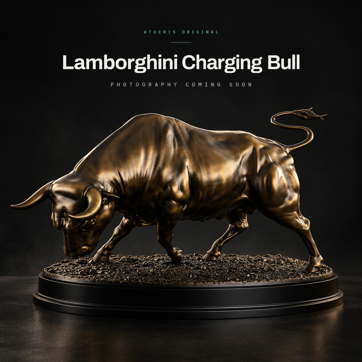 The Lamborghini Charging Bull — temporary promotional rendering of the metallic bronze sculpture on its oval display plinth